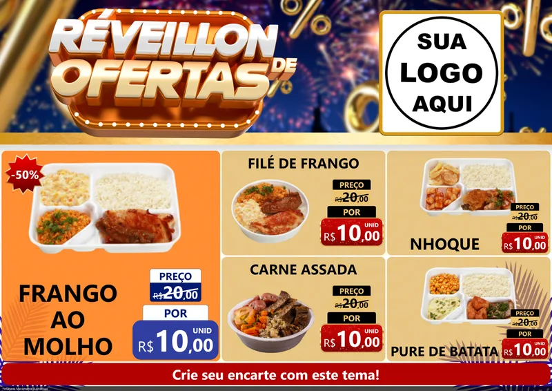 Modelo de Encarte para Encarte A4 Horizontal com o tema Réveillon de Ofertas para Restaurante