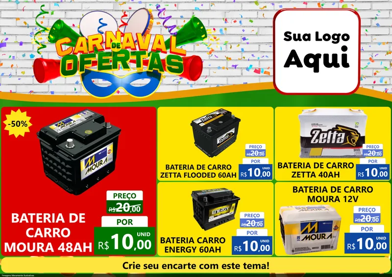 Modelo de Encarte para Encarte A4 Horizontal com o tema Carnaval de Ofertas para Baterias Elétricas
