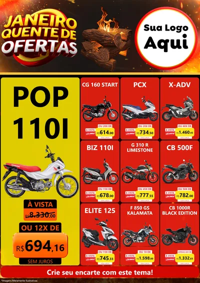 Modelo de Encarte para Encarte A4 Vertical com o tema Janeiro Quente de Ofertas para Concessionaria de Motos