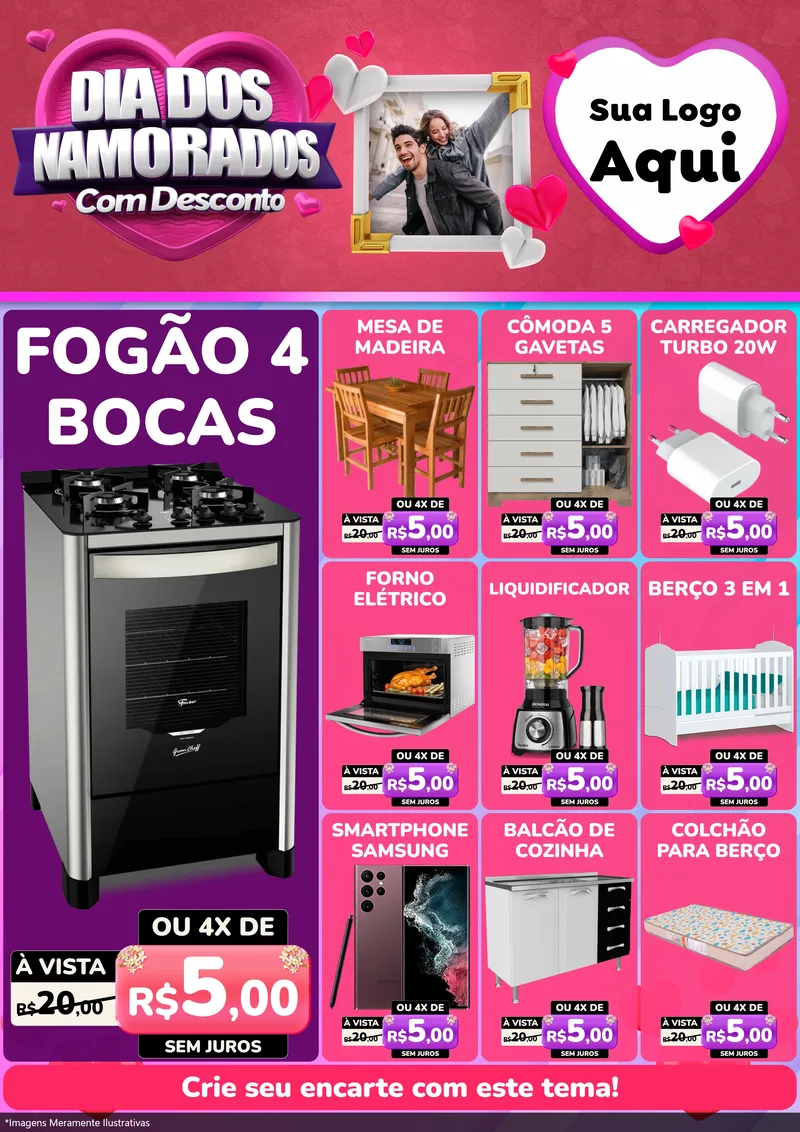 Modelo de Encarte para Encarte A4 Vertical com o tema Dia Dos Namorados Com Desconto para Móveis e Eletro