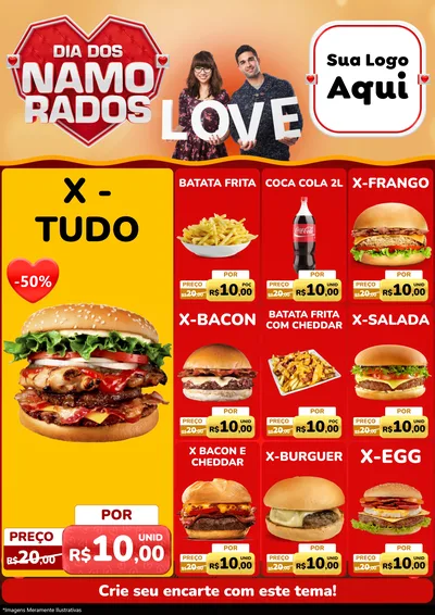 Modelo de Encarte para Encarte A4 Vertical com o tema Dia dos Namorados para Hamburgueria