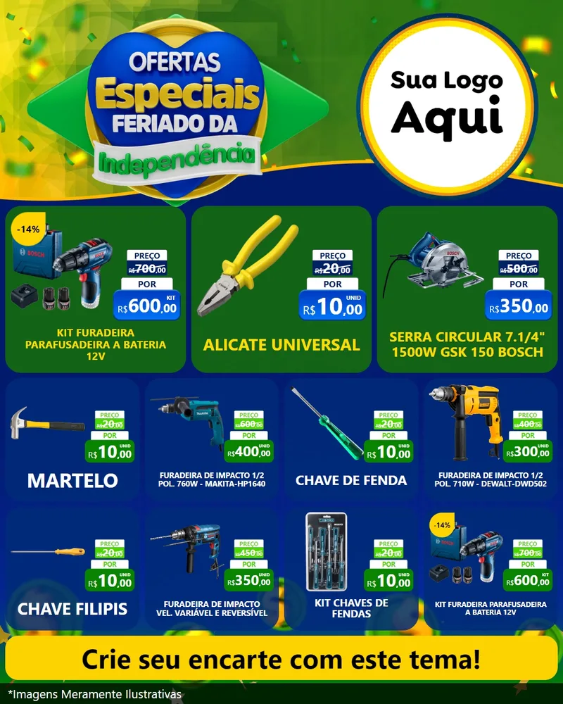 Modelo de Rede Social para Feed Instagram com o tema Ofertas Especiais Feriado da Independência para Maquinas e Ferramentas