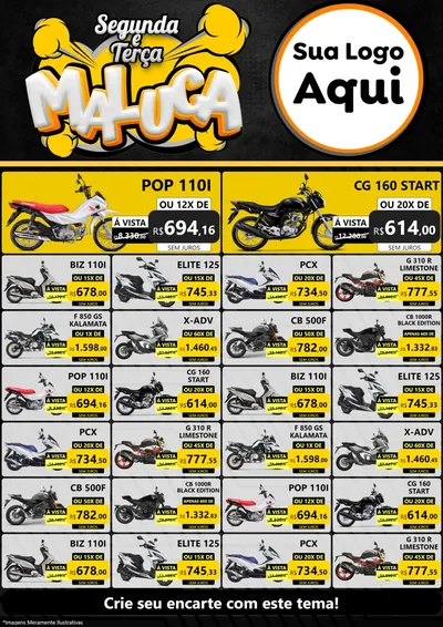 Modelo de Encarte para Encarte A4 Vertical com o tema Segunda e Terça Maluca para Concessionaria de Motos