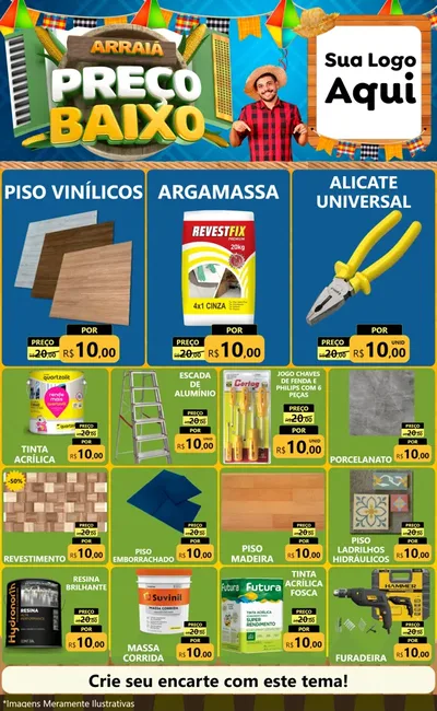 Modelo de Encarte para Encarte Grande com o tema Arraiá de Preço Baixo - Junina para Material para Construção