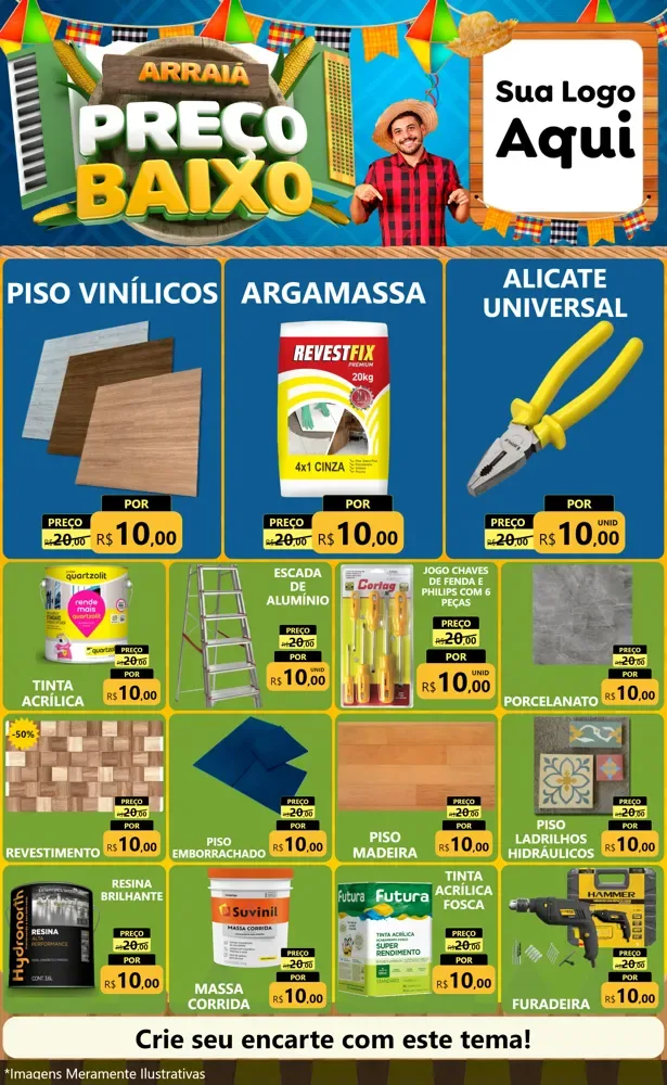 Modelo de Encarte para Encarte Grande com o tema Arraiá de Preço Baixo - Junina para Material para Construção