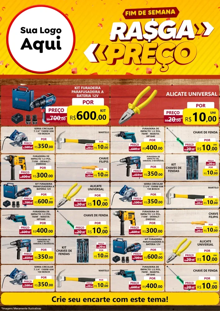 Modelo de Encarte para Encarte A4 Vertical com o tema Fim de Semana Rasga Preços para Maquinas e Ferramentas