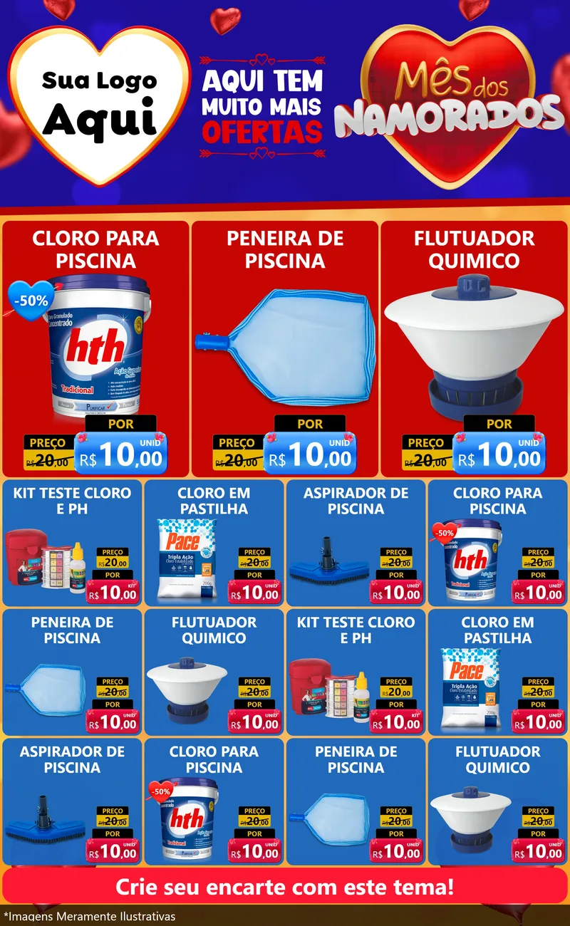 Modelo de Encarte para Encarte Grande com o tema Mês dos Namorados para Produtos para Piscina