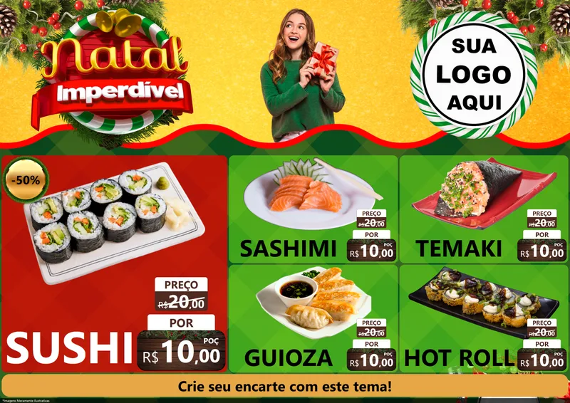 Modelo de Encarte para Encarte A4 Horizontal com o tema Natal Imperdível para Comida japonesa