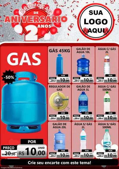 Modelo de Encarte para Encarte A4 Vertical com o tema Promoção de Aniversário - 2 Anos para Água e gás