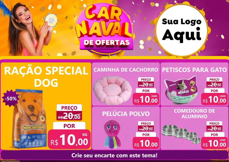 Modelo de Encarte para Encarte A4 Horizontal com o tema Carnaval de Ofertas para Pet Shop