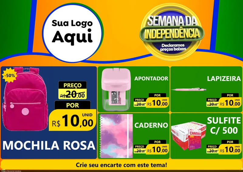 Modelo de Encarte para Encarte A4 Horizontal com o tema Semana da Independência Declaramos Preços Baixos para Papelaria