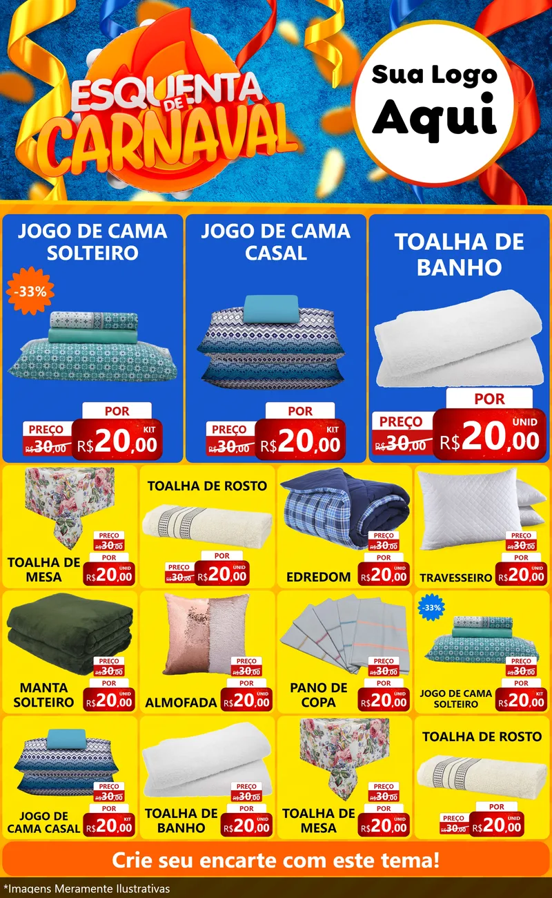 Modelo de Encarte para Encarte Grande com o tema Esquenta de Carnaval para Cama, Mesa e Banho