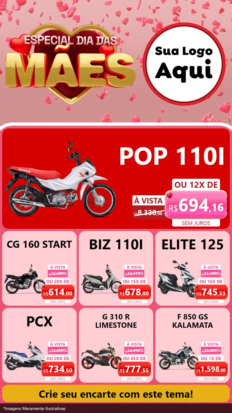 Modelo de Rede Social para Stories com o tema Especial Dia Das Mães para Concessionaria de Motos