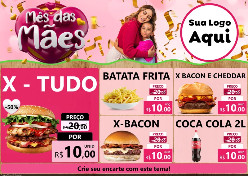Modelo de Encarte para Encarte A4 Horizontal com o tema Mês das Mães para Hamburgueria