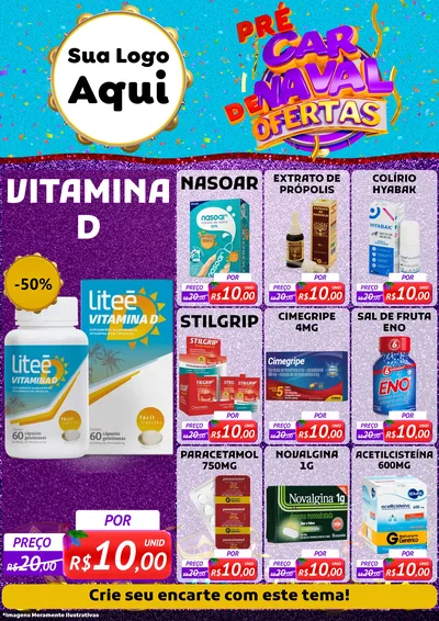 Modelo de Encarte para Encarte A4 Vertical com o tema Pré Carnaval de Ofertas para Farmácia