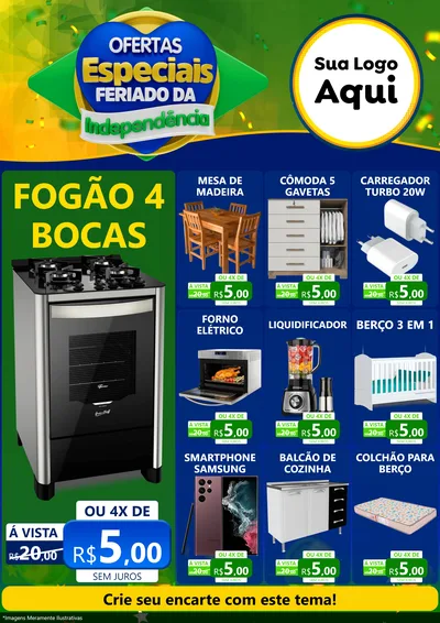 Modelo de Encarte para Encarte A4 Vertical com o tema Ofertas Especiais Feriado da Independência para Móveis e Eletro
