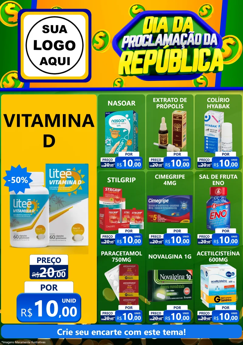 Modelo de Encarte para Encarte A4 Vertical com o tema Dia Da Proclamação da República para Farmácia