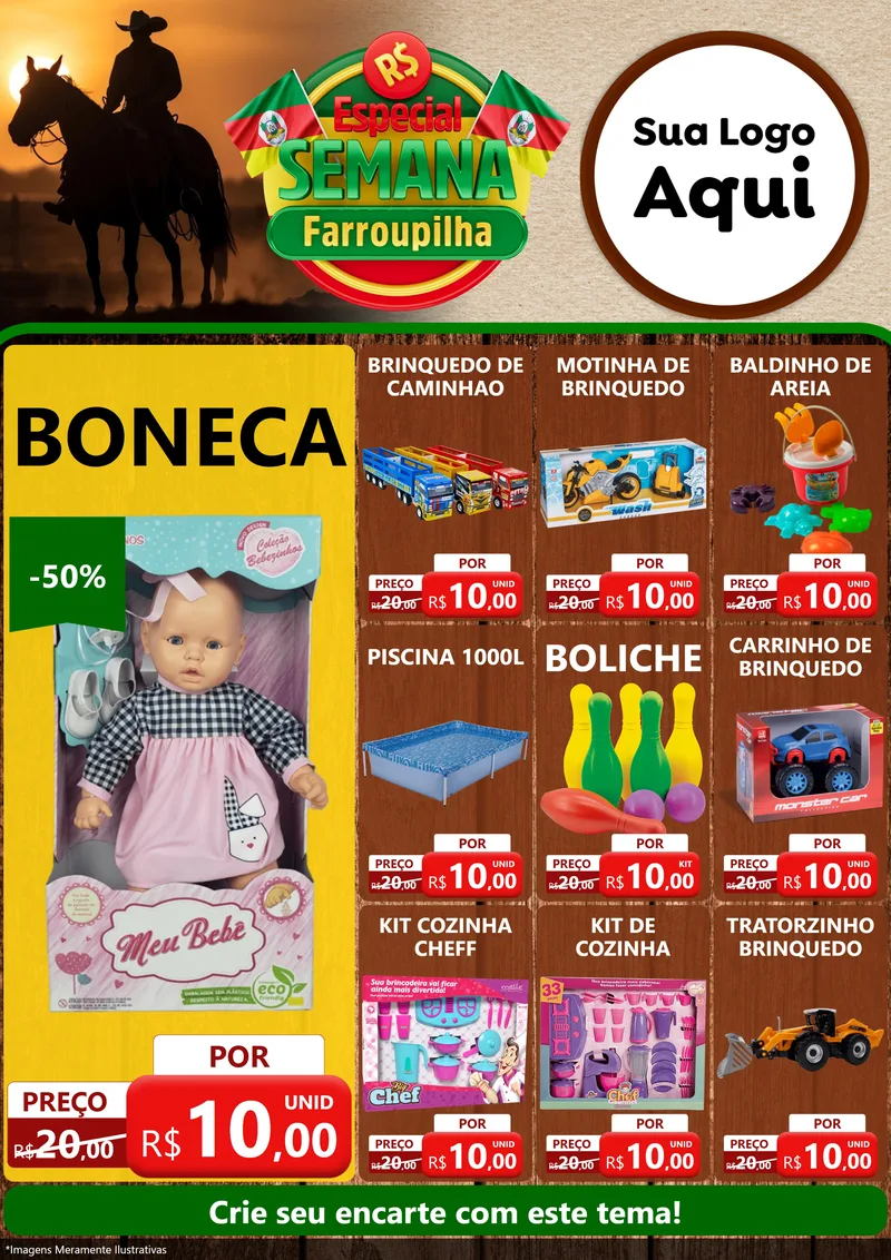 Modelo de Encarte para Encarte A4 Vertical com o tema Especial Semana Farroupilha para Brinquedos