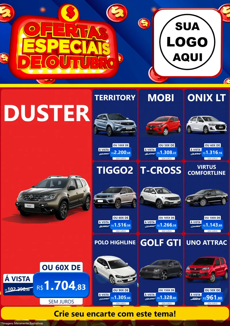 Modelo de Encarte para Encarte A4 Vertical com o tema Ofertas Especiais de Outubro para Concessionaria de Carros