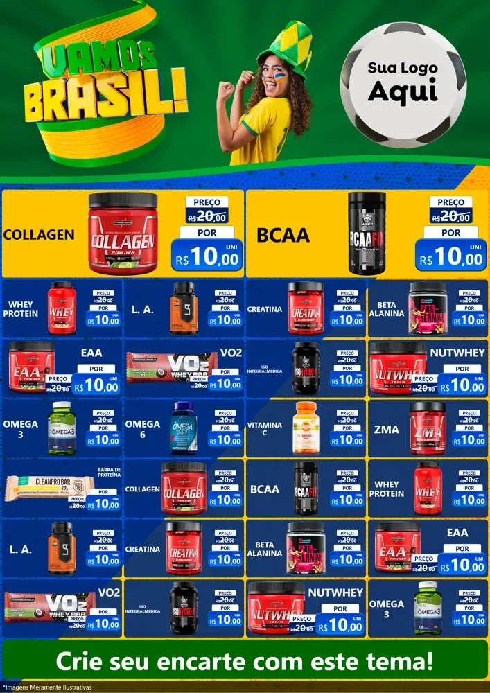 Modelo de Encarte para Encarte A4 Vertical com o tema Vamos Brasil - Copa para Suplementos alimentares