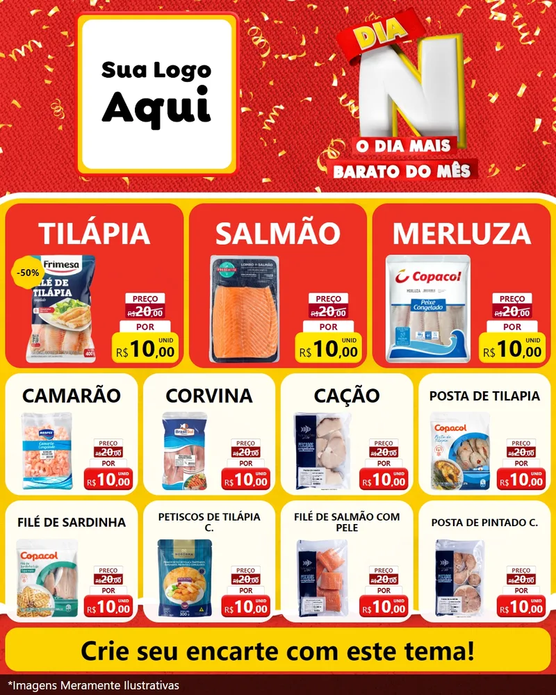 Modelo de Rede Social para Feed Instagram com o tema Dia N o Dia Mais Barato do Mês para Peixaria