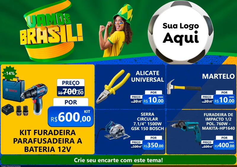Modelo de Encarte para Encarte A4 Horizontal com o tema Vamos Brasil - Copa para Maquinas e Ferramentas