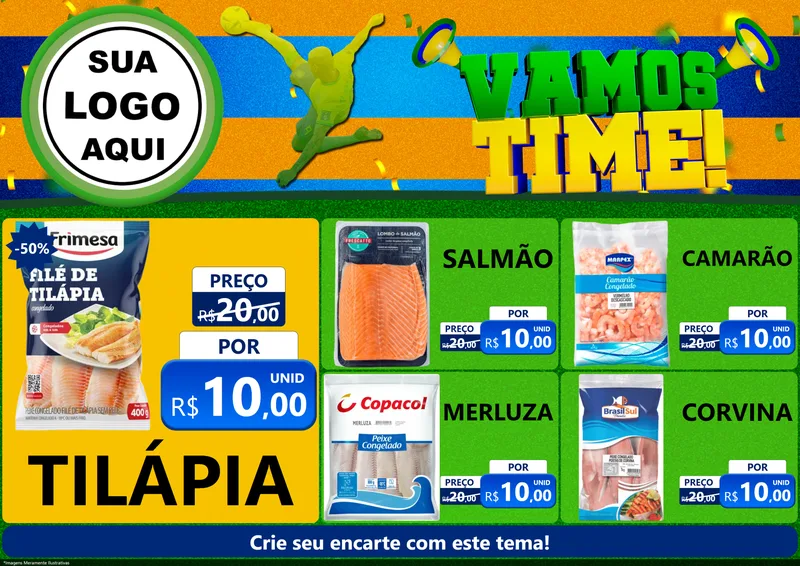 Modelo de Encarte para Encarte A4 Horizontal com o tema Vamos Time! para Peixaria