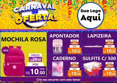 Modelo de Encarte para Encarte A4 Horizontal com o tema Carnaval de Ofertas para Papelaria