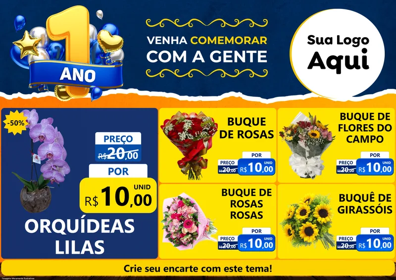 Modelo de Encarte para Encarte A4 Horizontal com o tema Um Ano de Aniversário para Floricultura e jardim