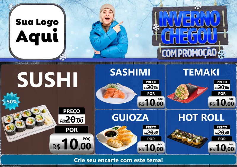 Modelo de Encarte para Encarte A4 Horizontal com o tema Inverno Chegou Com Promoção para Comida japonesa