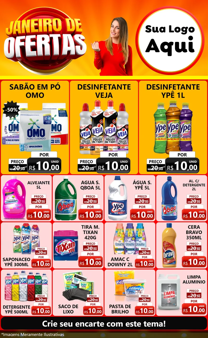 Modelo de Encarte para Encarte Grande com o tema Janeiro de Ofertas para Produtos de Limpeza
