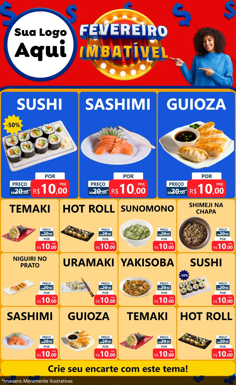 Modelo de Encarte para Encarte Grande com o tema Fevereiro Imbatível para Comida japonesa