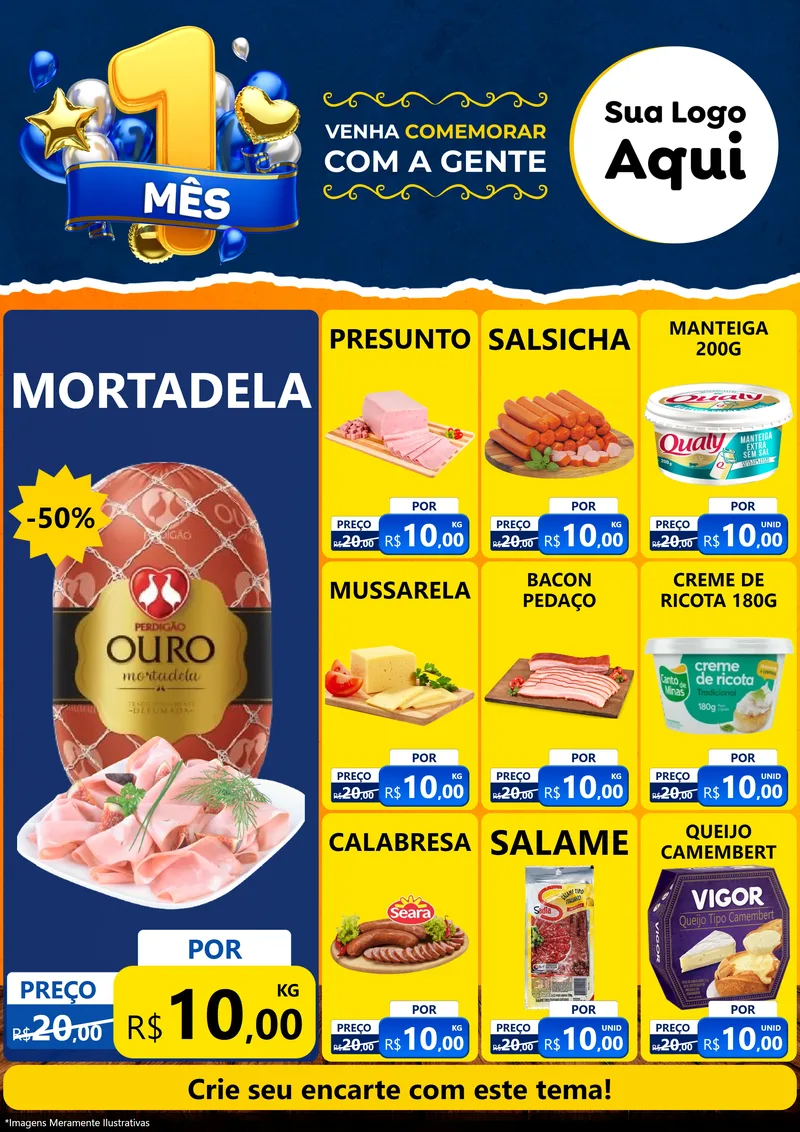 Modelo de Encarte para Encarte A4 Vertical com o tema Um Mês de Aniversário para Frios e Laticínios