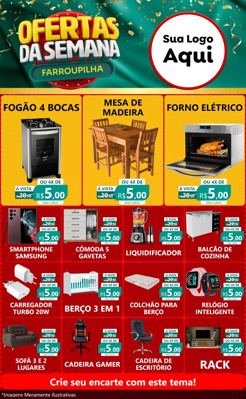 Modelo de Encarte para Encarte Grande com o tema Ofertas da Semana Farroupilha para Móveis e Eletro