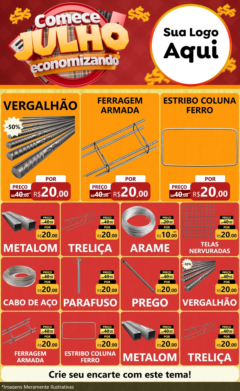 Modelo de Encarte para Encarte Grande com o tema Comece Julho Economizando para Ferragens