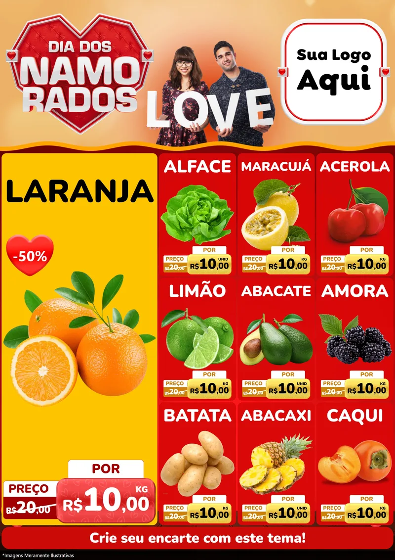 Modelo de Encarte para Encarte A4 Vertical com o tema Dia dos Namorados para Hortifrúti