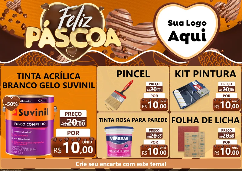 Modelo de Encarte para Encarte A4 Horizontal com o tema Feliz Páscoa para Tintas e Ferramentas