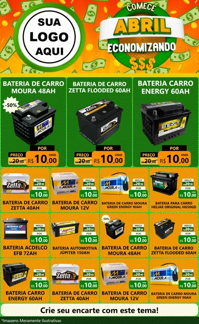Modelo de Encarte para Encarte Grande com o tema Comece Abril Economizando para Baterias Elétricas