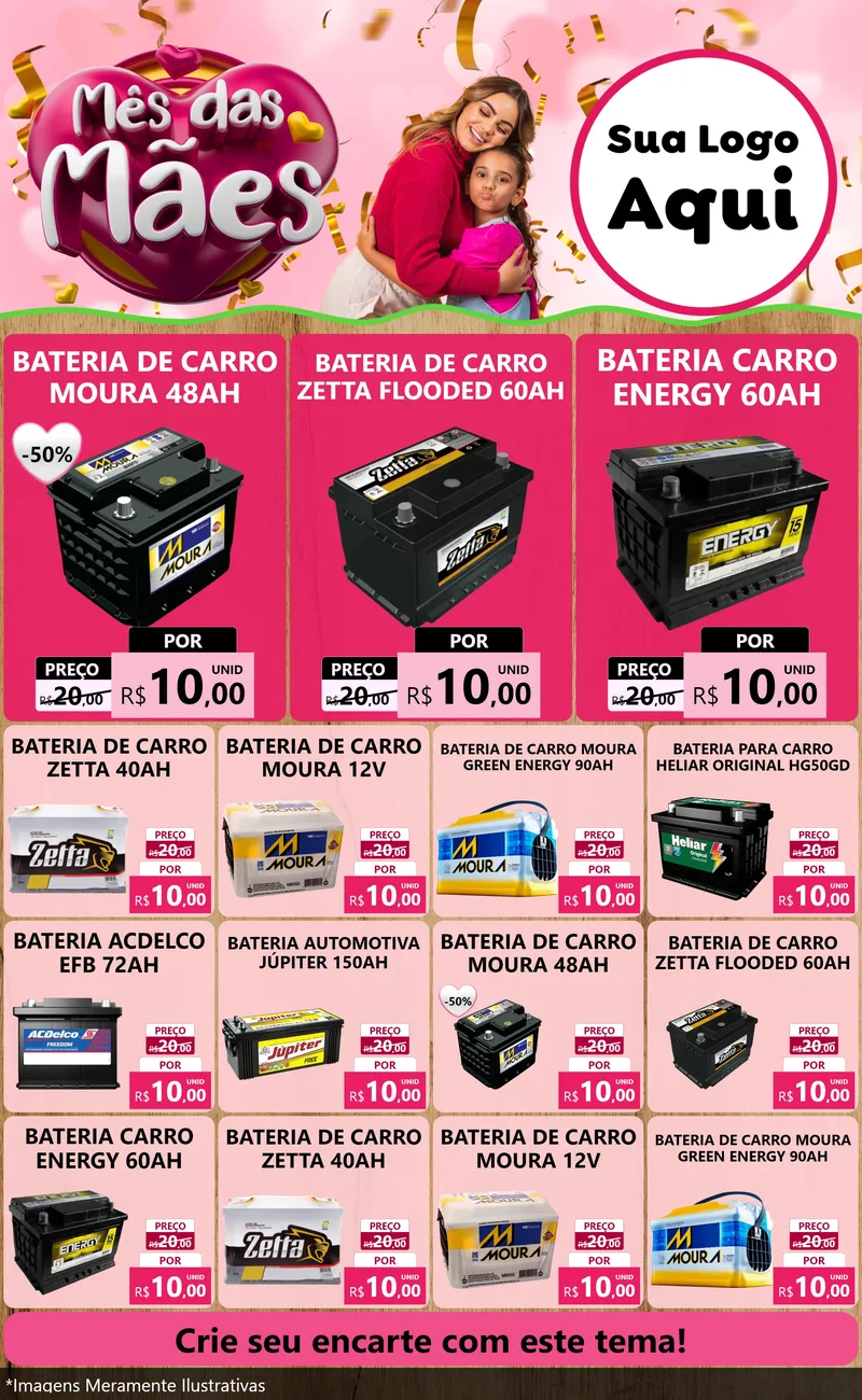 Modelo de Encarte para Encarte Grande com o tema Mês das Mães para Baterias Elétricas