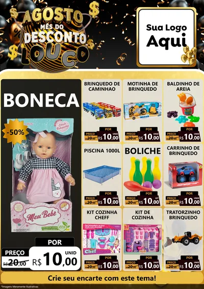 Modelo de Encarte para Encarte A4 Vertical com o tema Agosto Mês do Desconto Louco para Brinquedos