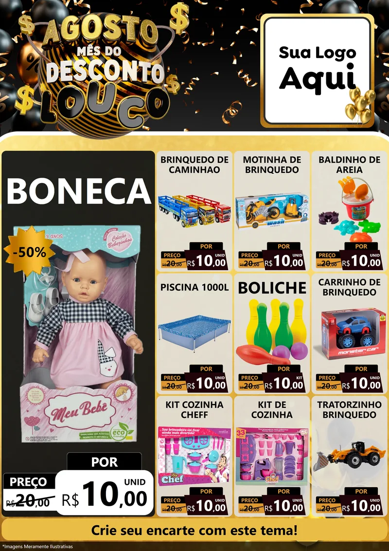 Modelo de Encarte para Encarte A4 Vertical com o tema Agosto Mês do Desconto Louco para Brinquedos