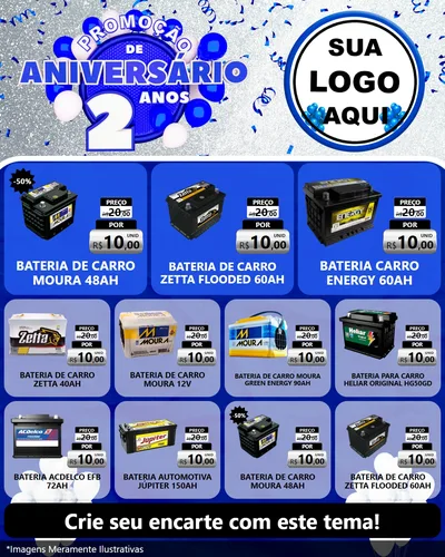 Modelo de Rede Social para Feed Instagram com o tema Promoção de Aniversário - 2 Anos para Baterias Elétricas