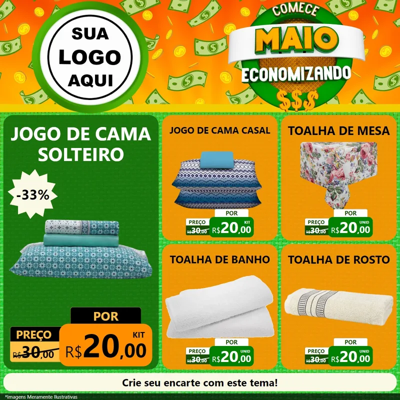 Modelo de Rede Social para Feed Facebook com o tema Comece Maio Economizando para Cama, Mesa e Banho