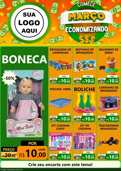Modelo de Encarte para Encarte A4 Vertical com o tema Comece Março Economizando para Brinquedos