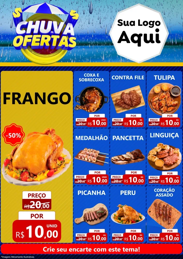 Modelo de Encarte para Encarte A4 Vertical com o tema Chuva de Ofertas para Assados