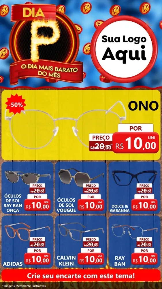 Modelo de Rede Social para Stories com o tema Dia P - O Dia Mais Barato Do Mês para Óticas