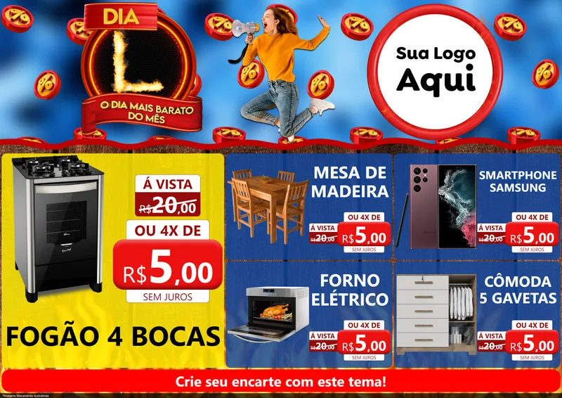 Modelo de Encarte para Encarte A4 Horizontal com o tema Dia L - O Dia Mais Barato Do Mês para Móveis e Eletro