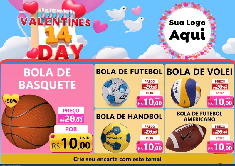 Modelo de Encarte para Encarte A4 Horizontal com o tema Valentine's Day para Artigos Esportivos