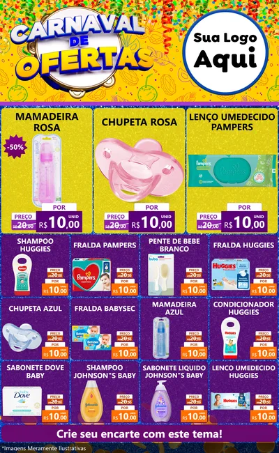 Modelo de Encarte para Encarte Grande com o tema Carnaval de Ofertas para Bebês