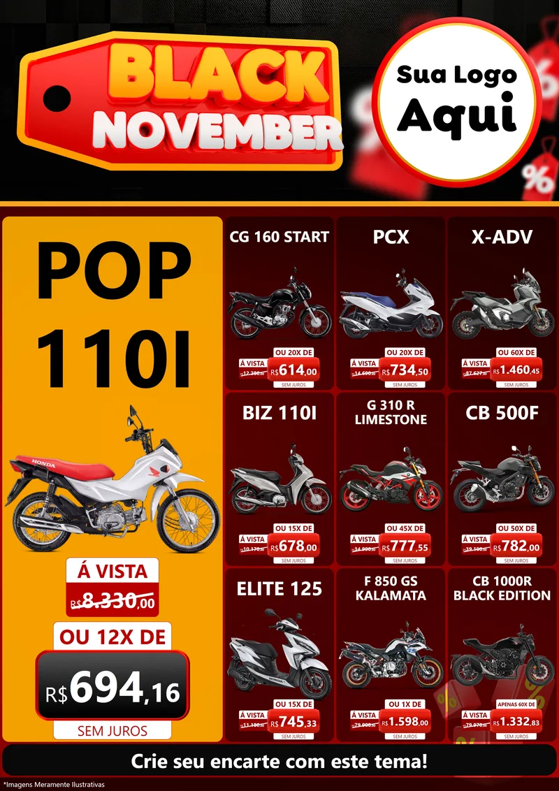 Modelo de Encarte para Encarte A4 Vertical com o tema Black November para Concessionaria de Motos